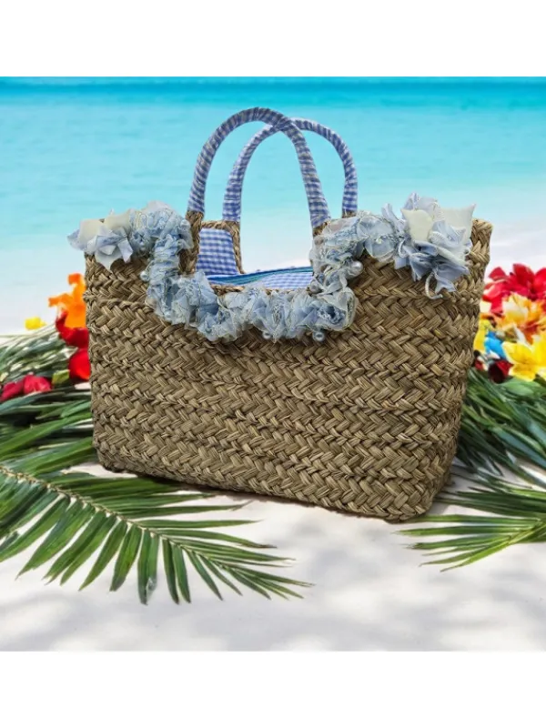 Kiara Shoes Borsa in Paglia con Fiori... Turchese
